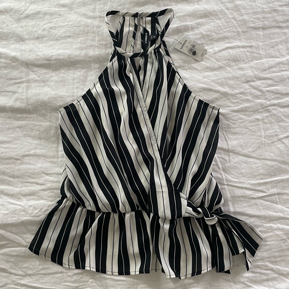 NWT Express Black and White Sleeveless Halter Blouse Wrap Top